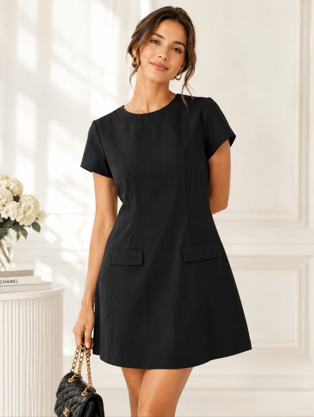 Black A-Line Mini Dress Size Large Short Sleeve Tailored Pocket Detail Quiet Lux